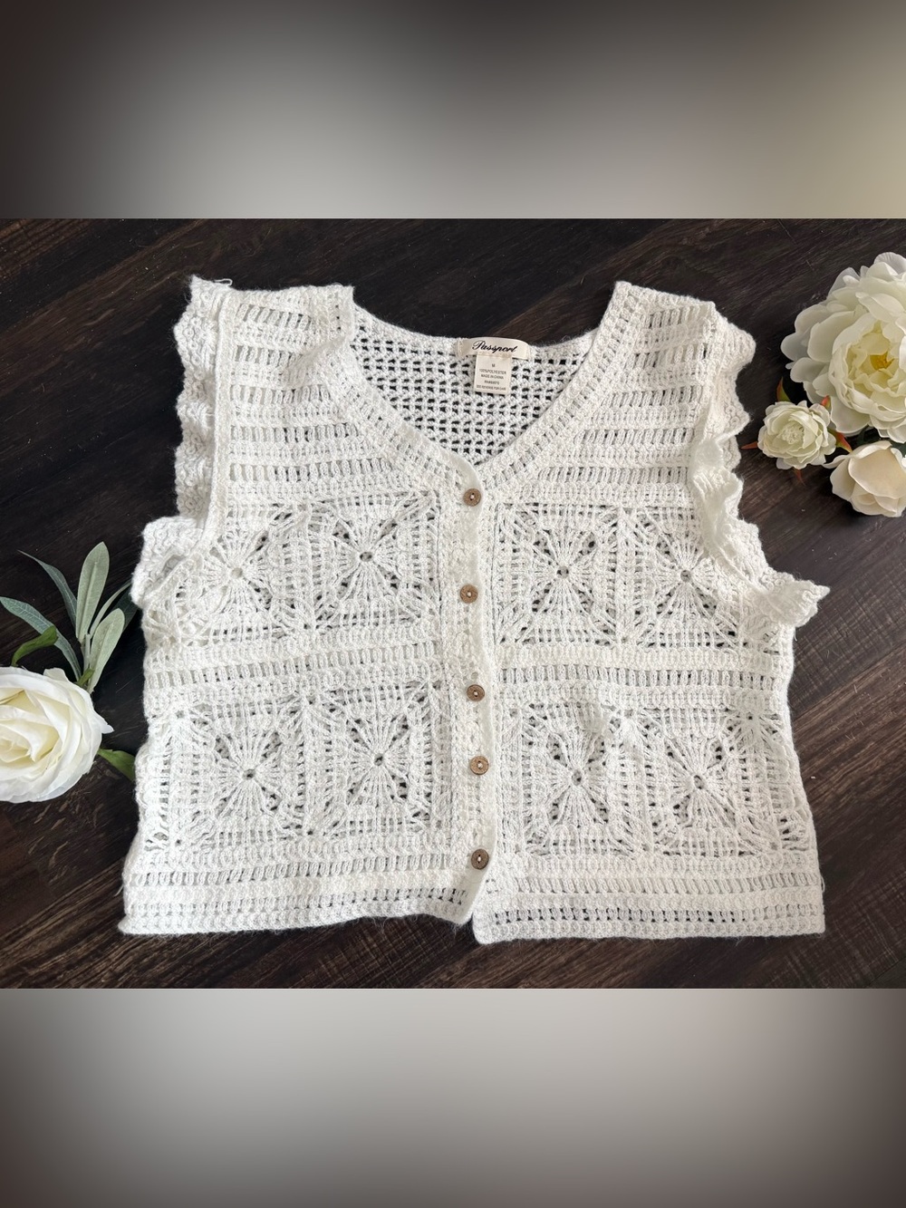 Passport White Crochet Knit Button-Front Cardigan